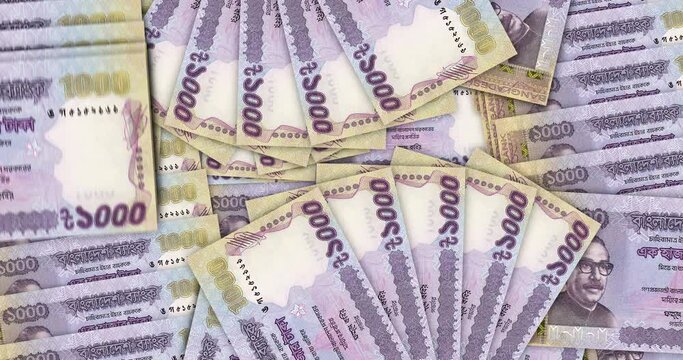 Bangladeshi Taka banknotes in a cash fan mosaic pattern loop. Bangladesh BDT 1000 money notes. Abstract concept of bank, finance, economy seamless and looped decorative design background.