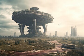 post-apocalyptic landscape with huge abandoned building in the style of soviet yugoslavian architecture, ai tools generated image