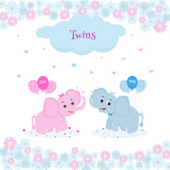 Happy birthday  twins  card with two elefants, balloons, hearts clouds and flowers for boy and girl without background
