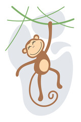 Cute cartoon monkey hanging on vine. Drawing african baby wild animal ape. Kind smiling jungle safari chimpanzee. Vector eps creative graphic hand drawn chimp print