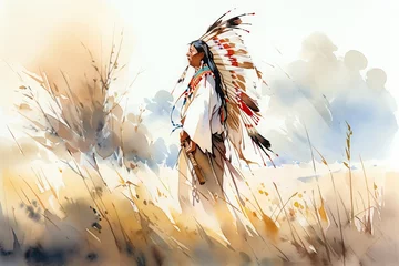 Foto op Plexiglas An Indian chief stands in the prairie as a watercolor drawing (Generative AI, Generativ, KI) © Teppi