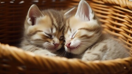 Fototapeta na wymiar A 2 cute baby cats sleeping in a basket , ai, ai generative, illustration