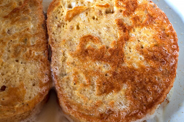 delicious Fried bread slices on a plate. Close up
