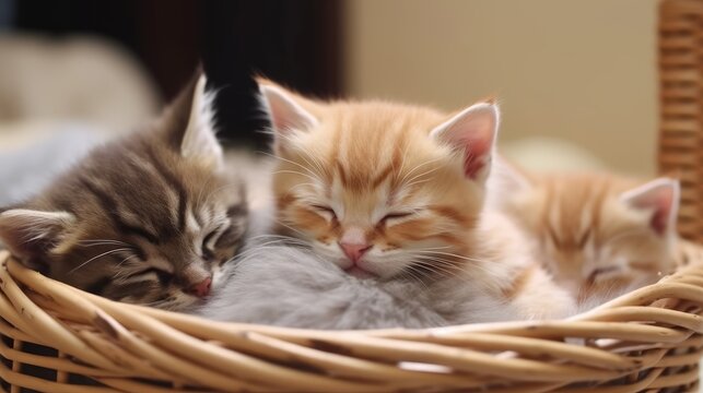 A bunch of cute baby cats sleeping in a basket , ai, ai generative, illustration