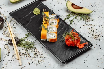 Gordijnen Rainbow Sushi Roll with salmon, eel, tuna, avocado, royal prawn, cream cheese Philadelphia, caviar tobica, chuka. Sushi menu. Japanese food. © Дмитрий Скорина