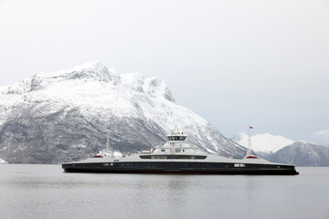 Winter view of the ferry boat from Lote to Anda, Norway, Europe