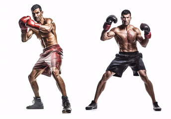 Sporty fit latin man during boxing exercise making hit. Boxer isolated on white background. Strength and motivation. Generative Ai.