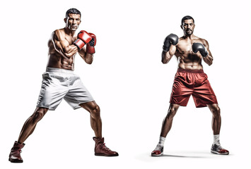 Fototapeta na wymiar Sporty fit latin man during boxing exercise making hit. Boxer isolated on white background. Strength and motivation. Generative Ai.