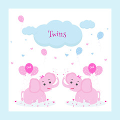 Happy birthday  twins  card with two elefants, balloons, hearts clouds for two girl

