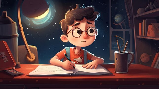 Small boy dreams of space in cartoon style