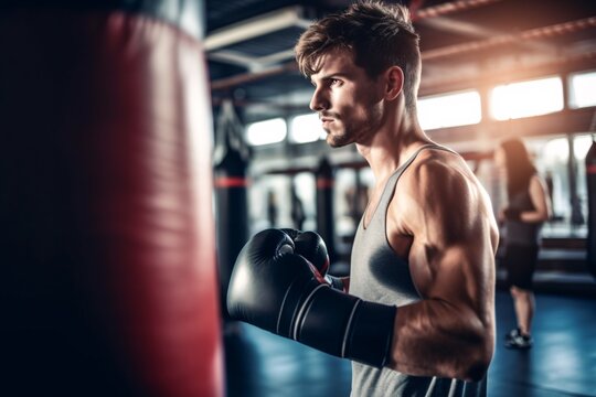 Profile view of a beautiful male boxer training next to a group of people in a gym. Generative Ai.