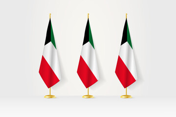 Three Kuwait flags in a row on a golden stand, illustration of press conference and other meetings.