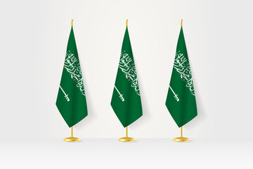 Three Saudi Arabia flags in a row on a golden stand, illustration of press conference and other meetings.
