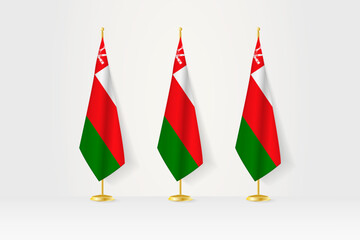 Three Oman flags in a row on a golden stand, illustration of press conference and other meetings.