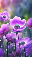 Blooming anemone flowers with drops of water close-up background. Spring wallpaper. Ai generated