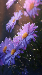 Obraz premium Blooming aster flowers with drops of water close-up background. Floral wallpaper. Ai generated