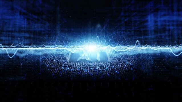 AI motherboard chip with circuits in digital cyberspace loop animation. Concept future technology background.