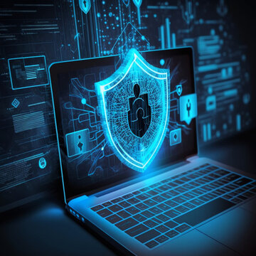 Firewall Protection: Digital Cyber Security Illustration with Locks, Shield, laptop, Processor and Binary Code Elements. Hacker blocker, malware block, Secure Guardian Defense, ai generated
