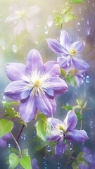 Blooming clematis flowers with drops of water close-up background. Spring wallpaper. Ai generated