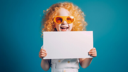 happy little blonde curly-haired girl laughs and holds in her hands an empty sheet for ads on a yellow background, space for text. The girl holds a white sheet. Image generated AI