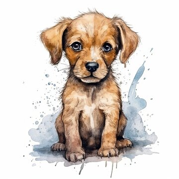 recommend clip art: Baby Dog watercolor with ink outline on white background, high detailed (generative AI)