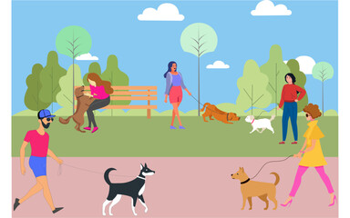 People walking with dogs in the garden. Vector illustration.