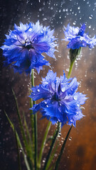 Blooming cornflower with drops of water close-up background. Ai generated