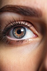 Obraz premium A close-up of a beautiful female eye shows stunning natural makeup. (Generative AI)