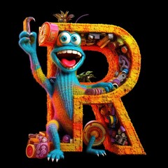 Obraz premium little monster inside R letter with black background generative ai