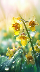 Blooming cowslip flowers with drops of water close-up background. Summer wallpaper. Ai generated