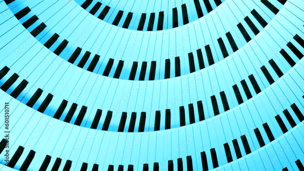 Poster blue and red rotating stripes. design. a bright piano made in computer graphics with keys that rotat