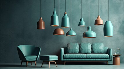design scene with a sofa and pendant lamps in the room with blue wall generative ai