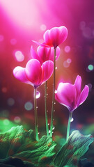 Blooming cyclamen flowers with drops of water close-up background. Summer wallpaper. Ai generated