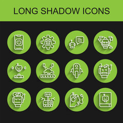 Set line Robot low battery charge, Turn off robot from phone, charging, User manual, Robotic arm factory, Broken and icon. Vector