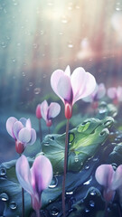 Blooming cyclamen flowers with drops of water close-up background. Floral wallpaper. Ai generated