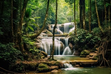 Beautiful waterfall view in thailand,Panoramic beautiful deep forest waterfall in Thailand. Generative ai