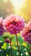 Blooming dahlia flowers with drops of water close-up background. Ai generated