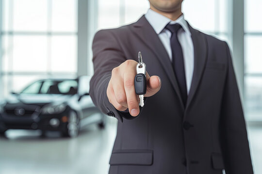 Car salesman giving key to new owner or customer over car dealership background. Loan, auto business, car sale, transportation, people and ownership concept. Generative AI
