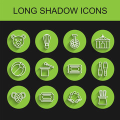 Set line Monkey, Circus ticket, Bear head, Juggling ball, Magician hat and rabbit ears, wand, Bowling pin and icon. Vector