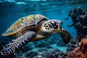 Fototapeta premium photo of Sea turtle in the Galapagos island. Tropical beach background underwater animal