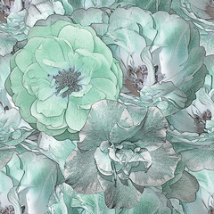 Seamless pattern with blooming flowers. Mint floral background
