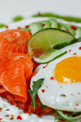 Poached eggs on top of smashed avocado on sourdough toast with smoked salmon. Healthy breakfast with plate on table. Top view. Copy space to right
