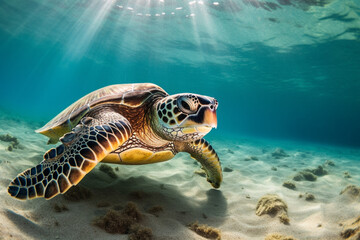Fototapeta premium photo of Sea turtle in the Galapagos island. Tropical beach background underwater animal