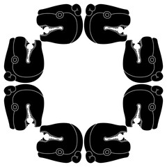Square animal frame with jaguar heads. Maya Indians art. Black and white silhouette. © Olena