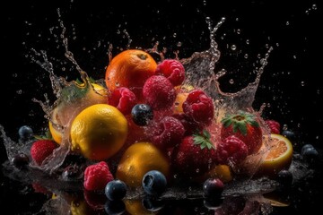 Fruits on black background with water splash. Generative ai