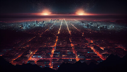 Obraz na płótnie Canvas Dark Cyberpunk City at Night Seen From The Sky Horizon Line Light Pollution Long Exposure AI Generative