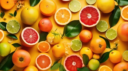 Summer composition made from oranges, lemon or lime on pastel yellow background. Fruit minimal concept. Flat lay, top view, copy space. Generative ai
