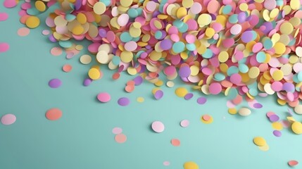 Fototapeta na wymiar Colorful confetti on pastel pink background. Bright and festive holiday background. Generative ai
