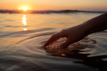 A female hand touching the ocean water in front of a beautful sunset during summer time.
