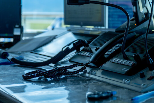 air traffic controller board or work station and radio system at the tower